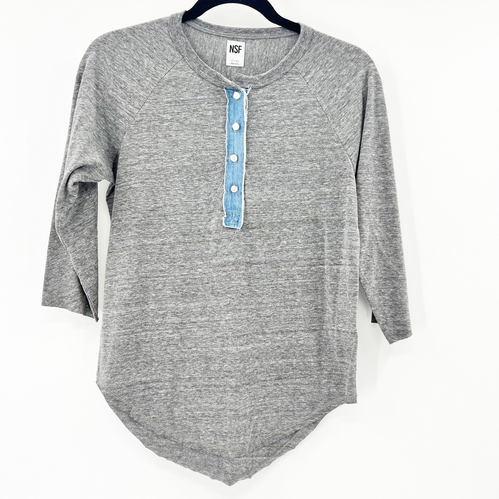 NSF‎ Henley Top Women Petite Small Grey Excellent Denim Trim 3/4 Sleeve Raglan